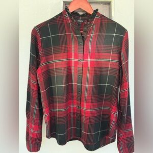 Express Red Black Plaid Blouse Size M Ruffle Collar Button Front Shirt